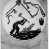 Disegno di piatto - Disegno di piatto con contadino ed attrezzi di lavoro. In calce al disegno: IIº Superiore - 1935 - D’Abramo Vito.Scarica il file